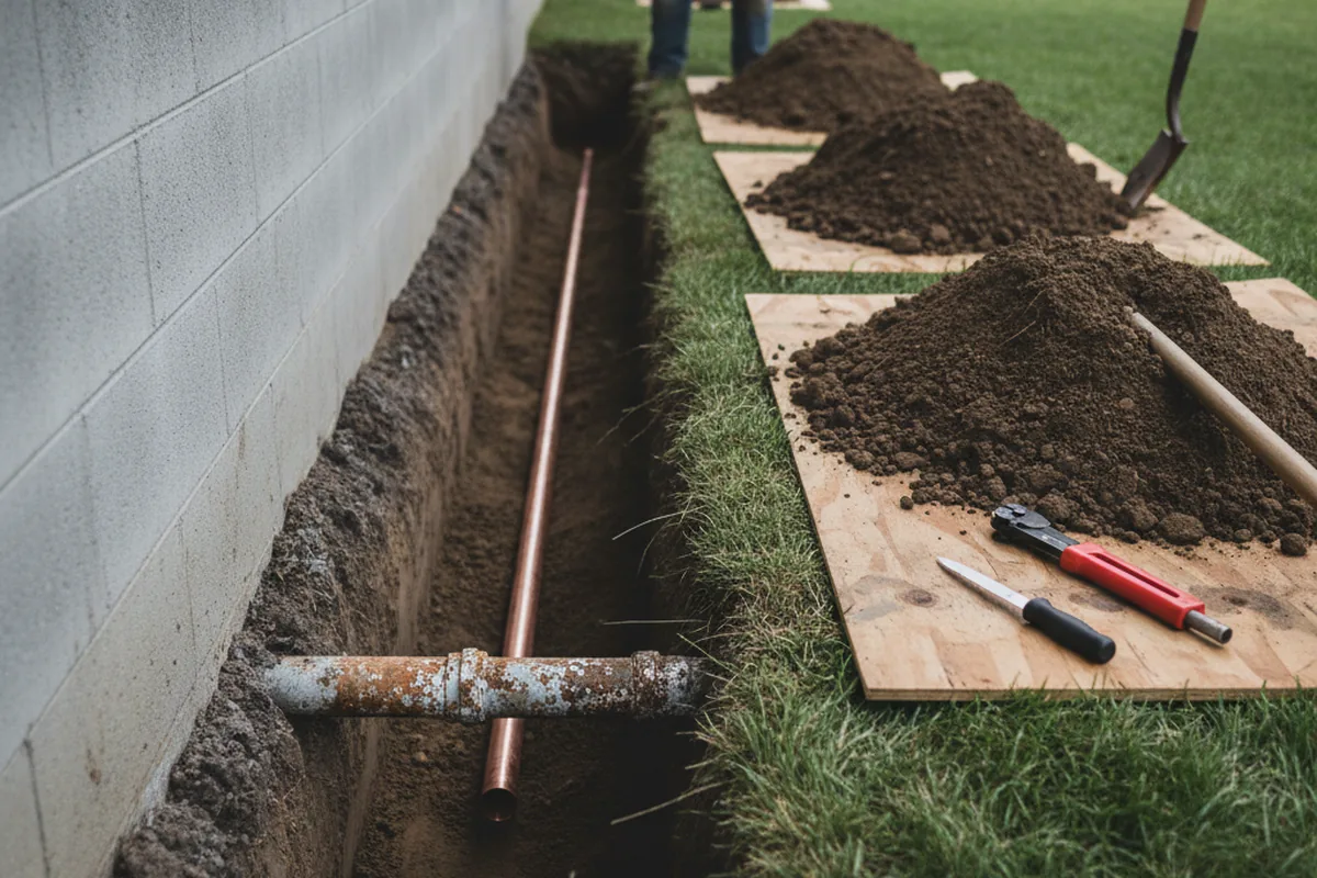 Excavated water line trench during Sewer Line Repair in Vernalis